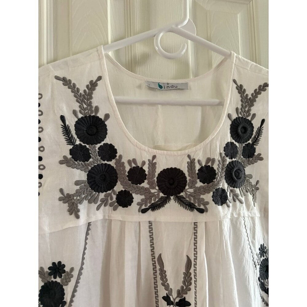 Bindu Linen Blend Embroidered White Dress - Picture 3 of 4